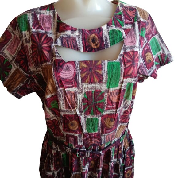 Women's 10 Vintage 1950's Dress Kay Whitney Abstract Cutout Neckline & Belt MCM - Picture 2 of 8